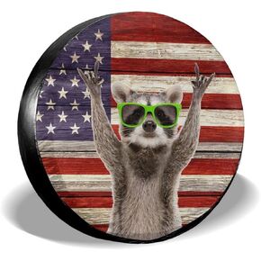 American Flag Raccoon Spare Tire Cover Dust-Proof Wheel Tire Cover Fit Trailer, RV, SUV and Many Vehicle 15 Inch