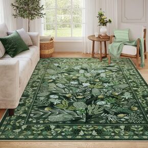 Anidaroel Green Botanical Floral Washable 5x7 Area Rugs, Abstract Large Rugs for Living Room Non-Slip Soft Modern Rugs for Bedroom, Stain Resistant Accent Floor Carpet for Dining Room Entryway