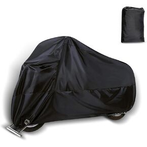 Ajxn 1 Pack Motorcycle Cover with Lock-Holes, 8.03Ft x 3.44Ft x 4.10Ft Waterproof Foldable Durable Design, Protective Cover with Storage Bag, Universal Outdoor Motorcycle Body Cover (Black)