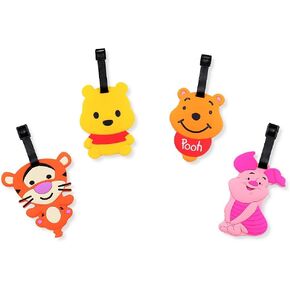 4 Pcs Set Pooh Bear Silicone Travel Luggage Baggage Identification Labels ID Tag for Bag Suitcase Plane Cruise Ships with Belt Strap