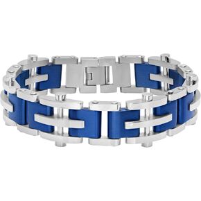 Men’s Stainless Steel Silver and Blue Link Bracelet, 8.5 Inch, Single Locking Fold Over