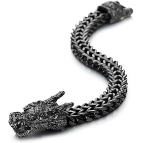 COOLSTEELANDBEYOND Mens Large Steel Vintage Dragon Square Franco Chain Curb Chain Bracelet, 8.5 Inches Long, Masculine