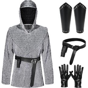 Renaissance Faux Chain Mail Armor Tunic Shirt Coif Medieval Knight Cowl Crusader Costume outfit Viking Waist Belt Set