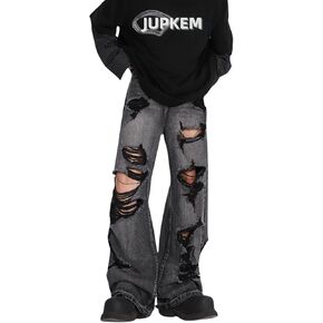 jupkem Baggy Jeans Y2k Ripped Jeans Men Goth Wide Leg Fashion Distressed Jeans Hiphop Grunge Pants Harajuku Streetwear