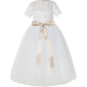 Floral Lace Tulle Flower Girl Dresses with Sleeves for Bridesmaid LG2R3