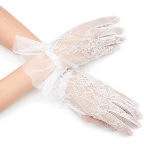 Lace Gloves with Tulle Mesh Border, Pearls, Opera Tea Party Gloves for Women, Formal