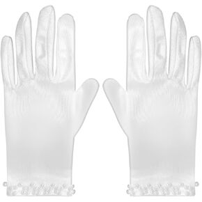 Satin Pearl Bridal Gloves, Short Wedding Gloves, Tea Party Gloves for Women, Dress Gloves for Women and Girls for Wedding Opera Dinner Party Dance