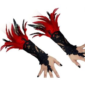 Mrotrida Women's Feather Wrist Cuffs Halloween Feather Gloves Cosplay Lace UP Fingerless Sleeves 1Pair