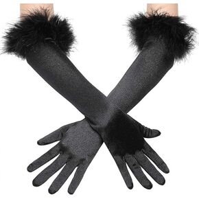 قفازات نسائية سوداء للهالوين قفازات طويلة ريشة قابلة للتمدد 20 ثانية من الأوبرا الساتان للحفلات المسائية، قفازات الزفاف للسيدات in Kuwait