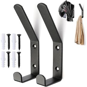 Black Stainless Steel Wall Mounted Hanging Hooks- 2 Packs Helmet Holders Hook-Steel Wall Mount J Hooks for Hat, Glove, Bag, Cloth, Coat and Motorcycle Helmet