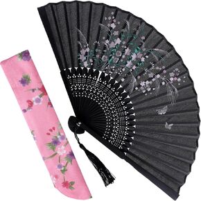 Folding Fan for Women, Handheld Foldable Fan Vintage Floral Fan Chinese Japanese Style Folding Fan, Handheld Fan Foldable Decorative Fans with a Fabric Sleeve, Black