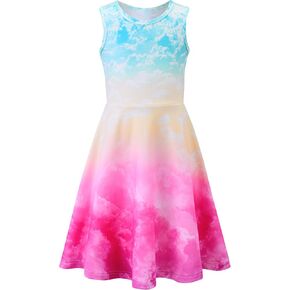 Funnycokid Girls Mermaid Dress Kids Summer Sleeveless Dresses Birthday Sundress Swing Outfit 4-13 Years
