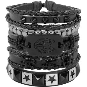 Leather Bracelets Black PU Braided Bracelet Set Skull Cross Cuff Bracelet for Men