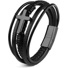 Leather Bracelets for Men Braided Leather with Cross Layered Bracelet Mens Cuff Bracelets Trendy Jewelry Christian Gift Black 9 Inch
