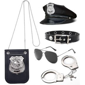Police Costume Accessories Kit Cop Hat and Badge Handcuffs Glasses Belt Logger Shoulder Light