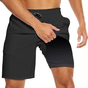 Men's Swim Trunks with Compression Liner Stretch Beach Board Shorts Drawstring Swimsuit 7 inch Inseam