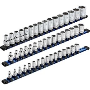 ARES 60041-3-Piece 17-Inch Blue Aluminum Socket Rail Set - 1/4-Inch, 3/8-Inch, and 1/2-Inch Drive Socket Organizers Hold 48 Sockets