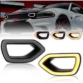 Sequential LED Grille Lights for Dodge Charger 2015-2022 SRT Scat Pack, Smoked Lens Amber LED Front Grill Lamp, Dodge Charge Dynamic Turn Signal Lamps