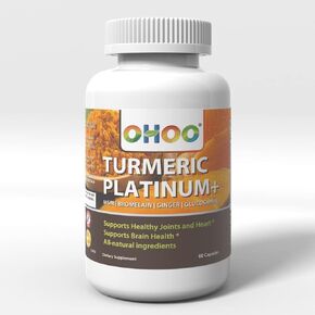 OHOO Platinum Turmeric- Double Dose of Curcuma Longa - with Ginger Root & Boswellia Extract- Supports Joint Health- All-Natural Ingredients- 60 Capsules