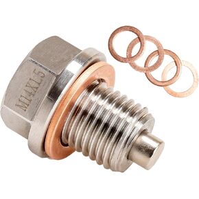 M14×1.5 Magnetic Oil Drain Plug，304 Stainless Steel Oil Pan Drain Plug，Oil Pan Bolt，5 Pcs Copper Gasket Crush Washer，Compatible with Ford f150,votex，GM, Hyundai, KIA and Accord, CRV, Civic, Pilot