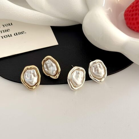 Baroque Pearl Stud Earrings For Women 14k Gold Plated Irregular Pearl Earrings Chunky Big Pearl Earrings Vintage Pearl Statement Earrings Jewelry Gift For Women in Saudi Arabia