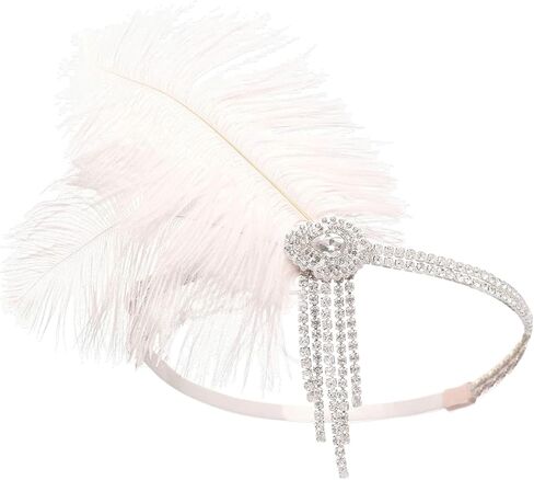 1920s Flapper Headpiece White Feather Headband Rhinestone Tassel Roaring 20s Headpiece Cocktail Party Prom Hair Decoration Accessories for Women and Girls in Kuwait