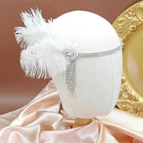 1920s Flapper Headpiece White Feather Headband Rhinestone Tassel Roaring 20s Headpiece Cocktail Party Prom Hair Decoration Accessories for Women and Girls in Kuwait