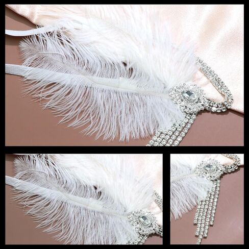 1920s Flapper Headpiece White Feather Headband Rhinestone Tassel Roaring 20s Headpiece Cocktail Party Prom Hair Decoration Accessories for Women and Girls in Kuwait