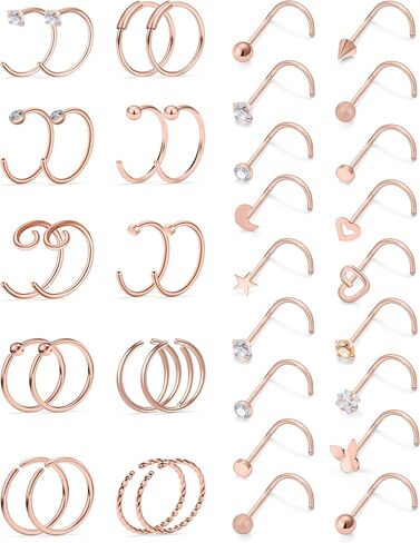Vsnnsns 20G Nose Rings for Women Stainless Steel Bone L Shaped Nose Studs Screw Opal Nose Rings CZ Heart Nose Ring Hoop Nose Rings Studs Hoop Piercings Jewelry for Women Men 26-38Pcs in Kuwait