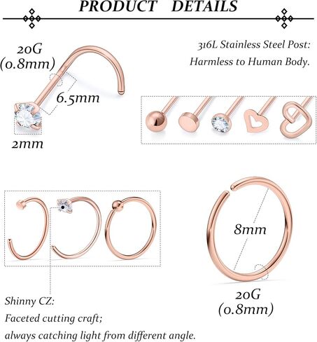Vsnnsns 20G Nose Rings for Women Stainless Steel Bone L Shaped Nose Studs Screw Opal Nose Rings CZ Heart Nose Ring Hoop Nose Rings Studs Hoop Piercings Jewelry for Women Men 26-38Pcs in Kuwait