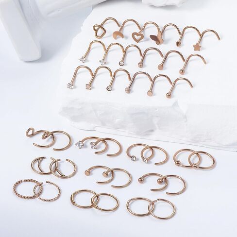 Vsnnsns 20G Nose Rings for Women Stainless Steel Bone L Shaped Nose Studs Screw Opal Nose Rings CZ Heart Nose Ring Hoop Nose Rings Studs Hoop Piercings Jewelry for Women Men 26-38Pcs in Kuwait