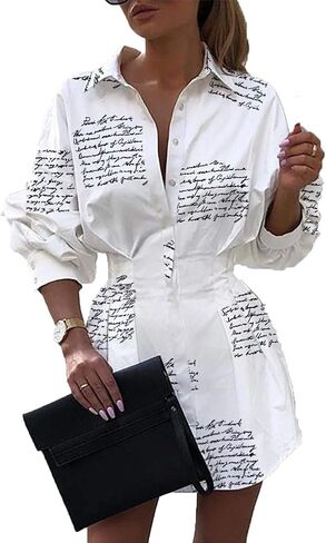 Sexy Mini Shirt Dress for Women - Casual Button Down Blouse Long Sleeve V Neck Belted Shirts Blouse Top Short Dress in Kuwait