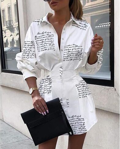 Sexy Mini Shirt Dress for Women - Casual Button Down Blouse Long Sleeve V Neck Belted Shirts Blouse Top Short Dress in Kuwait