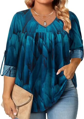 Siddhe Womens Plus Size Tops 3/4 Length Sleeve Tunic Tops V-Neck Dressy Casual Soft Blouses 1x-5x in Saudi Arabia