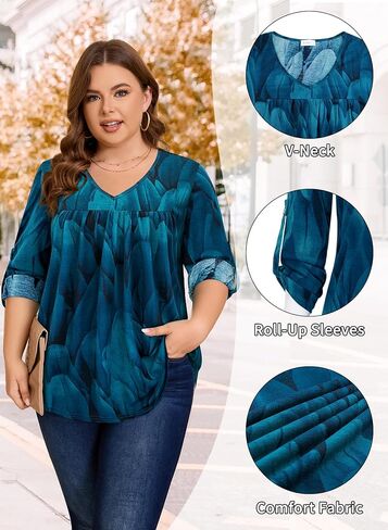 Siddhe Womens Plus Size Tops 3/4 Length Sleeve Tunic Tops V-Neck Dressy Casual Soft Blouses 1x-5x in Saudi Arabia