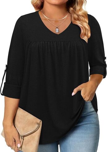 Siddhe Womens Plus Size Tops 3/4 Length Sleeve Tunic Tops V-Neck Dressy Casual Soft Blouses 1x-5x in Saudi Arabia
