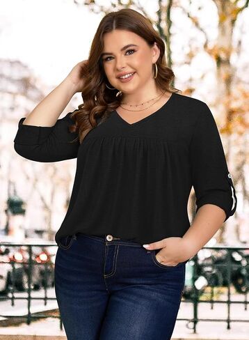 Siddhe Womens Plus Size Tops 3/4 Length Sleeve Tunic Tops V-Neck Dressy Casual Soft Blouses 1x-5x in Saudi Arabia