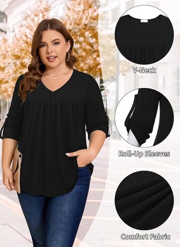 Siddhe Womens Plus Size Tops 3/4 Length Sleeve Tunic Tops V-Neck Dressy Casual Soft Blouses 1x-5x in Saudi Arabia