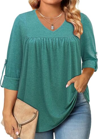 Siddhe Womens Plus Size Tops 3/4 Length Sleeve Tunic Tops V-Neck Dressy Casual Soft Blouses 1x-5x in Saudi Arabia