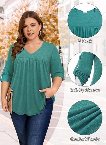 Siddhe Womens Plus Size Tops 3/4 Length Sleeve Tunic Tops V-Neck Dressy Casual Soft Blouses 1x-5x in Saudi Arabia