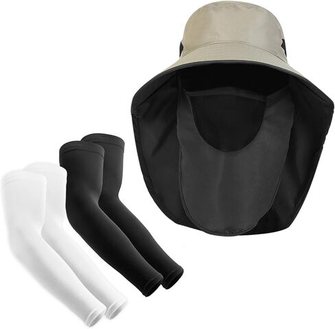 UV Sun Protection Set for Men & Women, Including Sun UV Protection Cooling Arm Sleeves and Fishing Hat - Wide Brim Hat with Face Cover and Neck Flap Khaki in Kuwait