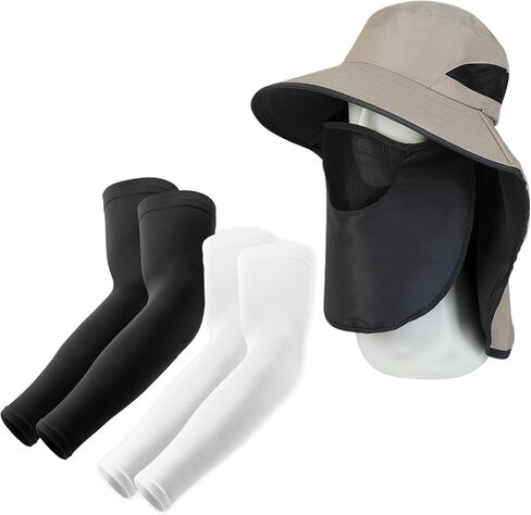 UV Sun Protection Set for Men & Women, Including Sun UV Protection Cooling Arm Sleeves and Fishing Hat - Wide Brim Hat with Face Cover and Neck Flap Khaki in Kuwait