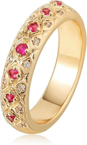 Valloey Rover Rings for Women, 14K Gold Plated Simple Emgagement Rings for Women Dainty Fake Ruby Cubic Zirconia Pave Wedding Ring Gold Jewelry Trendy Size 6-8 in Saudi Arabia