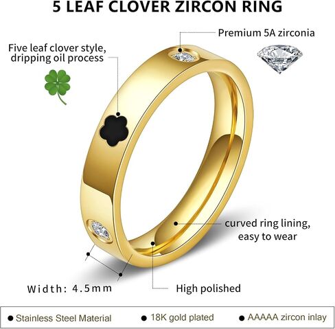 AmorArtSky 18k الذهب خمس أوراق البرسيم لذيذ مطعمة الزركون الدائري للنساء: أزياء محظوظ خمس أوراق الحب وعد خواتم الفولاذ المقاوم للصدأ خاتم الزواج وعد المجوهرات هدايا عيد ميلاد للنساء in Kuwait