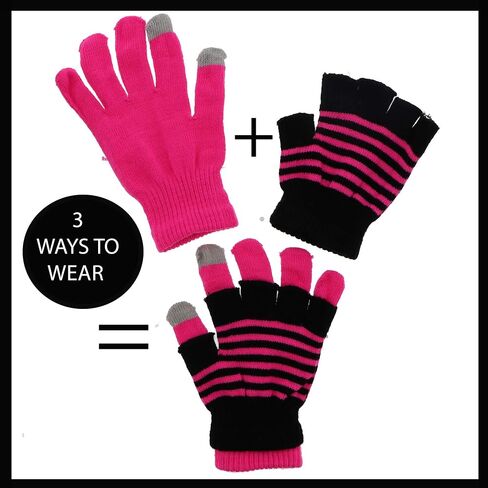 Motique Accessories Knit Fingerless and Regular Touchscreen Ladies Gloves Neon Stripes - 2 in 1 in Saudi Arabia