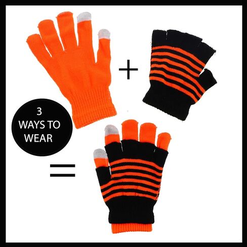 Motique Accessories Knit Fingerless and Regular Touchscreen Ladies Gloves Neon Stripes - 2 in 1 in Kuwait