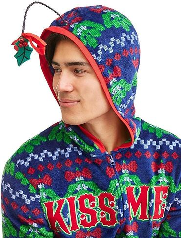 Mistletoe Mens Ugly Christmas Sweater Minky Fleece Drop Seat Union Suit Pajamas in Saudi Arabia