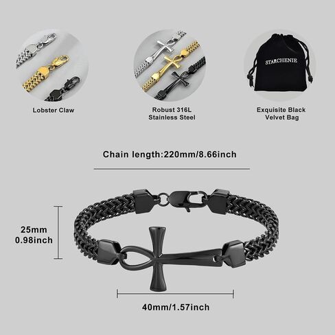 STARCHENIE Mens Ankh Cross Bracelet 316L Stainless Steel Double Layered Braided Franco Chain Bracelet for Men in Saudi Arabia