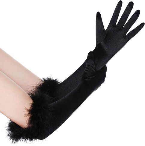قفازات نسائية سوداء للهالوين قفازات طويلة ريشة قابلة للتمدد 20 ثانية من الأوبرا الساتان للحفلات المسائية، قفازات الزفاف للسيدات in Kuwait