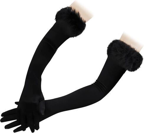 قفازات نسائية سوداء للهالوين قفازات طويلة ريشة قابلة للتمدد 20 ثانية من الأوبرا الساتان للحفلات المسائية، قفازات الزفاف للسيدات in Kuwait